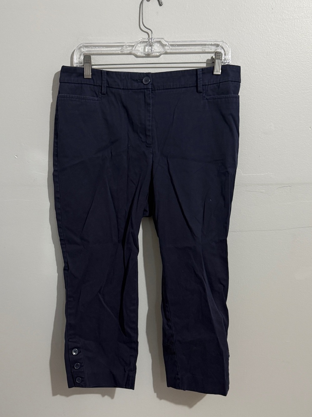 Talbots Perfect Skimmer Pants Womens 10 Navy Blue Cropped Button Hem Stretch